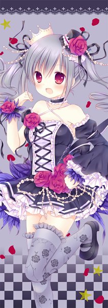 Anime picture 400x1132 with idolmaster idolmaster cinderella girls kanzaki ranko mizuse ruka single long hair tall image looking at viewer blush open mouth red eyes twintails bare shoulders grey hair drill hair anniversary princess girl thighhighs dress flower (flowers)