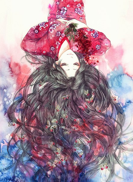 Anime picture 735x1000 with rowya single long hair tall image looking at viewer breasts holding brown eyes lying traditional clothes japanese clothes lips on back floral print eyebrows upside down girl insect butterfly