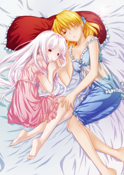 Anime picture 1500x2118 with chrono crusade gonzo azmaria hendric rosette christopher hao-hime long hair tall image blush light erotic blonde hair red eyes multiple girls green eyes white hair lying one eye closed wink coloring girl 2 girls