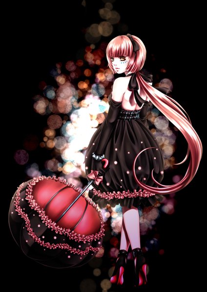 Anime picture 2480x3508 with vocaloid nekomura iroha single long hair tall image highres open mouth yellow eyes pink hair ponytail girl dress gloves elbow gloves shoes frills hairband umbrella