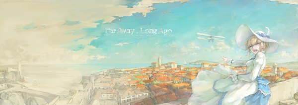 Anime picture 1770x626 with original toritoritottori short hair blue eyes blonde hair wide image sky cloud (clouds) city cityscape girl dress hat aircraft airplane