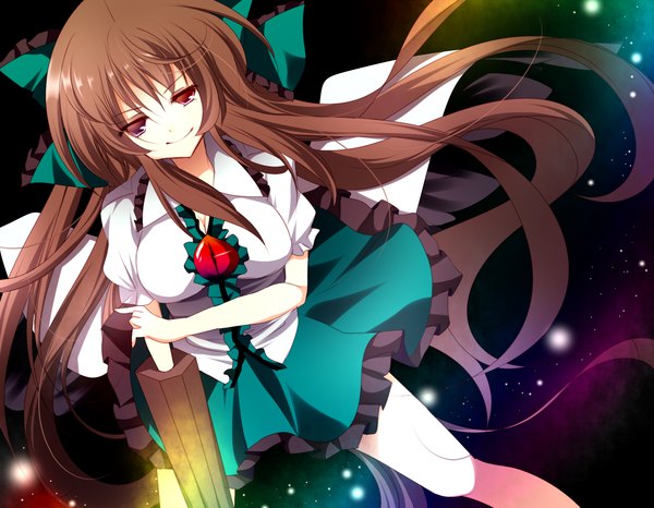 Anime picture 2000x1555 with touhou reiuji utsuho stigma1101 long hair highres smile red eyes brown hair space arm cannon girl bow weapon hair bow
