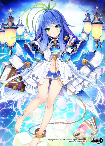 Anime picture 664x919 with unleashed byulzzimon single tall image looking at viewer fringe green eyes signed blue hair very long hair multicolored hair barefoot wide sleeves loli girl dress navel ribbon (ribbons) hair ribbon choker