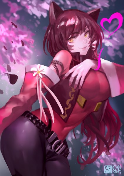 Anime picture 845x1200 with league of legends ahri (league of legends) canking single long hair tall image light erotic smile brown hair animal ears yellow eyes fox girl girl detached sleeves belt clothes