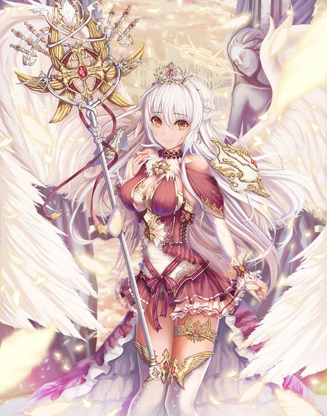 Anime picture 800x1018 with original h2o (dfo) single long hair tall image looking at viewer fringe breasts smile hair between eyes large breasts standing bare shoulders brown eyes cleavage cloud (clouds) white hair braid (braids) zettai ryouiki angel wings