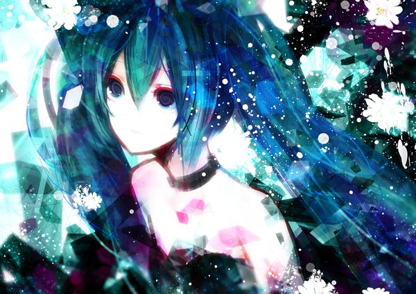 Anime picture 1920x1358 with vocaloid hatsune miku sazanami shione single highres blue eyes twintails bare shoulders blue hair pale skin abstract girl collar