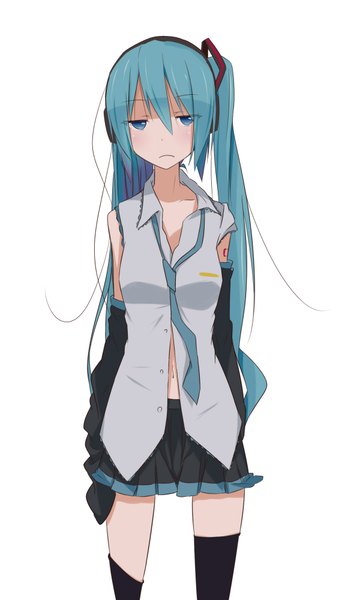 Anime picture 1200x2000 with vocaloid hatsune miku single long hair tall image looking at viewer blush blue eyes simple background white background twintails pleated skirt aqua hair legs girl thighhighs skirt hair ornament black thighhighs miniskirt