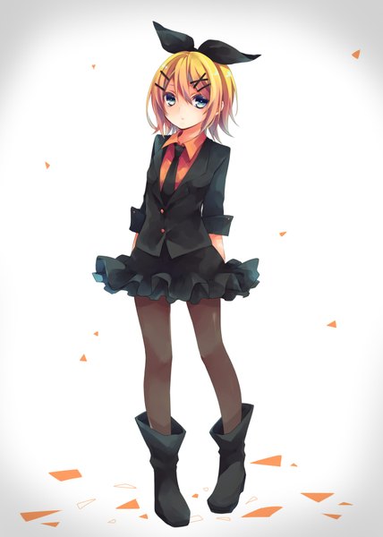 Anime picture 1500x2100 with vocaloid kagamine rin kuroi (liar-player) single tall image looking at viewer short hair blue eyes simple background blonde hair full body grey background hands behind back girl skirt hair ornament bow hair bow pantyhose necktie