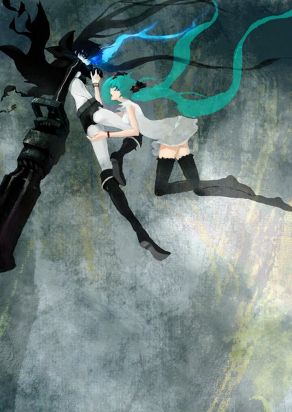 Anime picture 2099x2963 with black rock shooter vocaloid world is mine (vocaloid) hatsune miku black rock shooter (character) long hair tall image highres open mouth blue eyes black hair twintails multiple girls aqua hair glowing glowing eye (eyes) girl thighhighs dress weapon