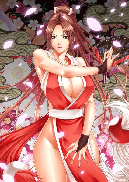 Anime picture 1060x1500 with the king of fighters snk shiranui mai zucchini single long hair tall image breasts open mouth light erotic brown hair bare shoulders brown eyes ponytail sleeveless chinese clothes girl flower (flowers) petals fan