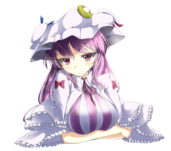 Anime picture 1360x1200 with touhou patchouli knowledge hyasumasa san futoshi single long hair looking at viewer breasts simple background large breasts white background purple eyes purple hair girl dress bow frills bonnet