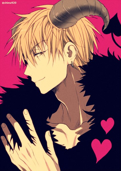 Anime picture 600x847 with kuroko no basket production i.g kise ryouta mashima shima single tall image fringe short hair simple background blonde hair smile hair between eyes signed yellow eyes tail profile horn (horns) piercing portrait ear piercing