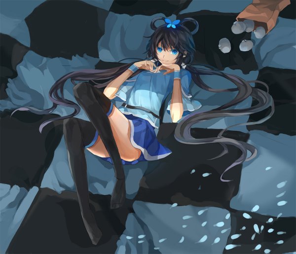 Anime picture 1200x1031 with vocaloid vocaloid china world is mine (vocaloid) luo tianyi stripe (artist) single blue eyes black hair twintails very long hair legs checkered floor girl thighhighs dress black thighhighs