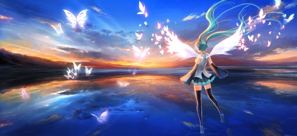 Anime picture 2500x1154 with vocaloid hatsune miku d-zhai single highres wide image sky cloud (clouds) back scenic weightlessness insect wings butterfly wings girl thighhighs uniform black thighhighs school uniform detached sleeves wings