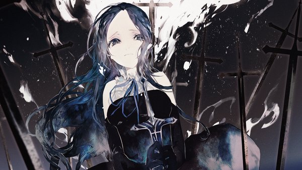 Anime picture 1422x800 with original ara sakai ts single long hair looking at viewer wide image bare shoulders holding blue hair multicolored hair wind gradient hair girl gloves black gloves elbow gloves cross