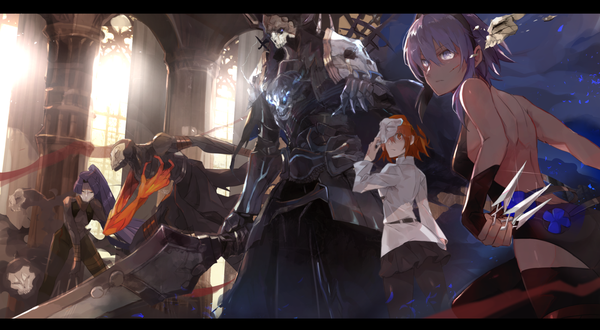Anime picture 2000x1100 with fate (series) fate/grand order fujimaru ritsuka (female) hassan of serenity (fate) assassin (fate/zero) king hassan (fate) true assassin female assassin (fate/zero) mono (jdaj) long hair fringe highres short hair hair between eyes wide image purple eyes bare shoulders multiple girls looking away purple hair