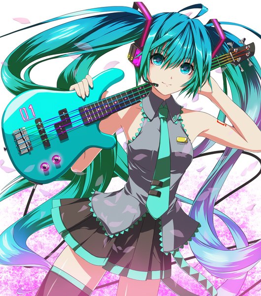 Anime picture 884x1000 with vocaloid hatsune miku fuji hyorone single long hair tall image looking at viewer fringe breasts simple background hair between eyes white background twintails bare shoulders holding payot ahoge very long hair pleated skirt multicolored hair
