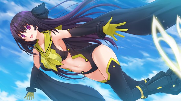Anime picture 1920x1080 with ao no kanata no four rhythm sprite (company) tobisawa misaki kazenokaze single long hair looking at viewer highres open mouth light erotic black hair wide image purple eyes flying girl thighhighs gloves navel elbow gloves