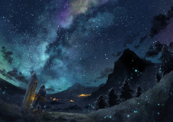 Anime picture 1000x707 with original rien. single holding cloud (clouds) outdoors from behind night night sky mountain walking milky way ambiguous gender plant (plants) tree (trees) hood star (stars) bag grass lantern