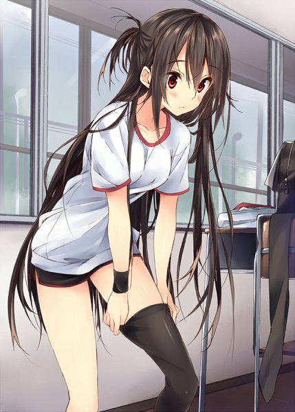 Anime picture 800x1119 with original kuwashima rein single long hair tall image blush black hair red eyes girl thighhighs uniform black thighhighs gym uniform