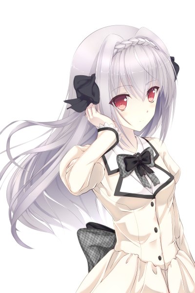 Anime picture 800x1200 with tsuki ni yorisou otome no sahou sakurakouji luna coffee1223 single long hair tall image looking at viewer simple background red eyes white background white hair braid (braids) crown braid girl uniform bow hair bow school uniform