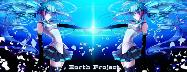 Anime picture 1640x640 with vocaloid hatsune miku yuuki kira long hair wide image twintails very long hair aqua eyes aqua hair zettai ryouiki twins girl thighhighs skirt detached sleeves headset