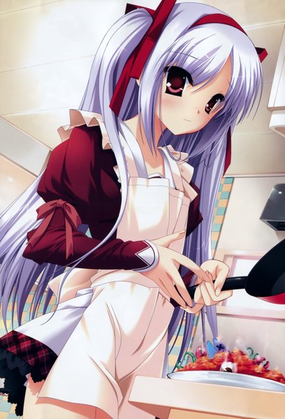 Anime picture 4064x5971 with 11 eyes doga kobo momono shiori hagiwara onsen long hair tall image highres red eyes absurdres white hair girl ribbon (ribbons) food apron