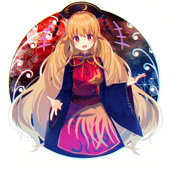 Anime picture 1000x1000 with touhou junko (touhou) koto seori single long hair looking at viewer blush fringe open mouth blonde hair hair between eyes red eyes payot traditional clothes wide sleeves chinese clothes girl headdress tabard