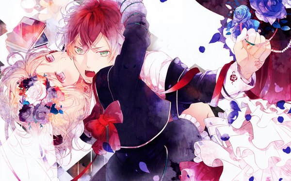 Anime picture 9300x5782 with diabolik lovers idea factory sakamaki ayato komori yui long hair highres short hair open mouth simple background blonde hair wide image white background green eyes absurdres red hair pink eyes hug vampire girl boy