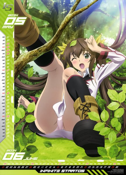 Anime picture 4940x6881 with infinite stratos 8bit fang linyin nishizawa shin'ya long hair tall image blush highres open mouth light erotic brown hair twintails green eyes absurdres one eye closed wink scan calendar 2014 girl skirt