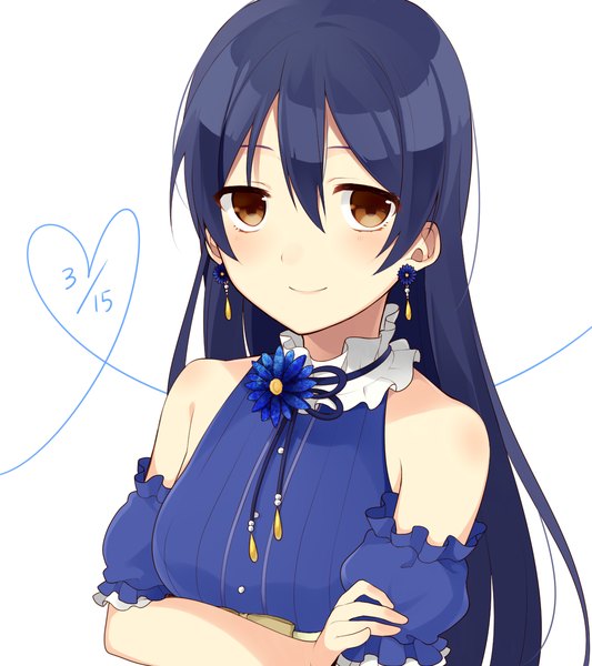 Anime picture 1175x1322 with love live! school idol project sunrise (studio) love live! sonoda umi chisumi single long hair tall image looking at viewer blush fringe smile hair between eyes bare shoulders brown eyes blue hair from above heart of string girl detached sleeves