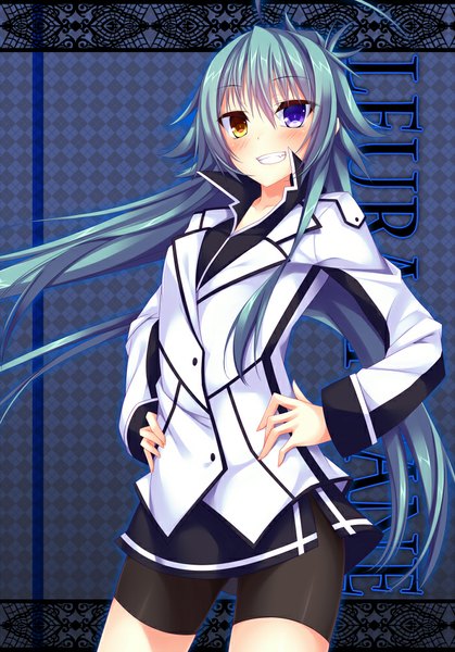Anime picture 699x1000 with original leura (suterii) suterii single long hair tall image looking at viewer blush smile blue hair heterochromia hands on hips girl leggings
