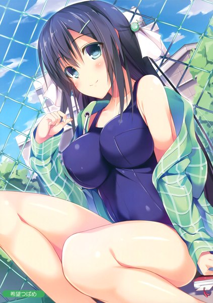 Anime picture 2462x3500 with melonbooks nozomi tsubame single long hair tall image looking at viewer blush highres breasts blue eyes light erotic black hair smile large breasts scan girl swimsuit one-piece swimsuit school swimsuit