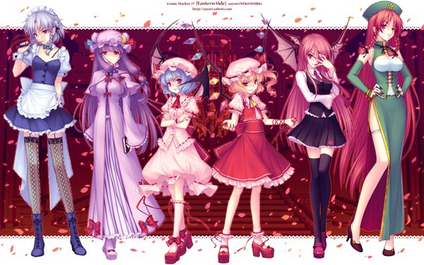 Anime picture 1920x1200 with touhou flandre scarlet remilia scarlet izayoi sakuya patchouli knowledge hong meiling koakuma sayori long hair highres short hair blonde hair red eyes wide image blue hair purple hair red hair grey hair group vampire