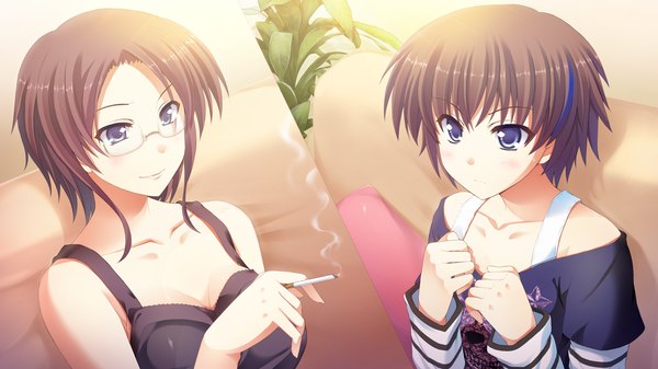 Anime picture 2560x1440 with atled everlasting song highres short hair blue eyes black hair wide image multiple girls game cg smoking girl 2 girls glasses