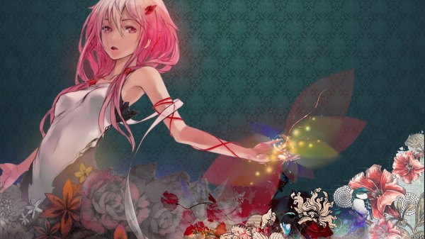 Anime picture 1920x1080 with guilty crown production i.g yuzuriha inori redjuice single long hair highres wide image bare shoulders pink hair pink eyes magic covered navel girl flower (flowers) ribbon (ribbons) bodysuit