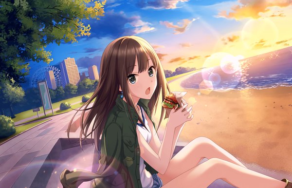 Anime picture 2560x1648 with idolmaster idolmaster cinderella girls idolmaster cinderella girls starlight stage shibuya rin annindoufu (oicon) single long hair looking at viewer fringe highres open mouth blue eyes brown hair sitting sky cloud (clouds) open jacket official art lens flare evening