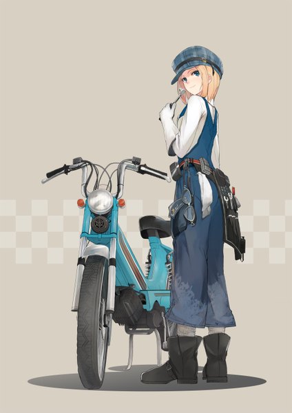 Anime picture 992x1403 with original miz22 single tall image looking at viewer blush short hair blue eyes simple background blonde hair smile standing checkered brown background girl gloves uniform boots white gloves ground vehicle