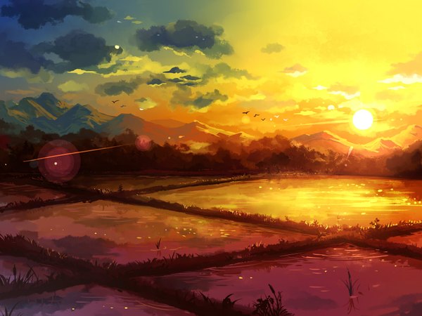 Anime picture 1600x1200 with original jia (natsukijia) sky cloud (clouds) evening sunset mountain no people landscape scenic field animal water bird (birds) sun rice paddy