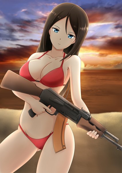 Anime picture 800x1130 with girls und panzer nonna (girls und panzer) fuuma nagi single long hair tall image breasts blue eyes light erotic black hair sky cloud (clouds) horizon girl weapon swimsuit bikini sea gun ak-47