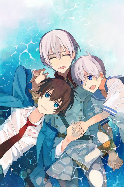 Anime picture 667x1000 with kakumeiki valvrave sunrise (studio) l-elf karlstein tokishima haruto the prince (kakumeiki valvrave) takerusilt tall image fringe short hair open mouth blue eyes hair between eyes brown hair silver hair lying eyes closed light smile multiple boys partially submerged holding hands