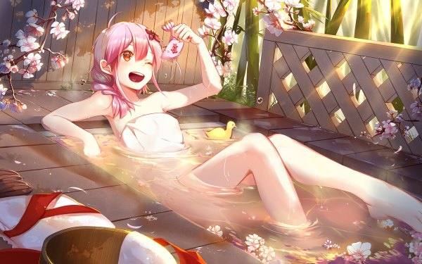 Anime picture 1200x750 with sergestid shrimp in tungkang xuan ying phino (jinko0094) long hair blush open mouth light erotic red eyes looking away pink hair braid (braids) one eye closed wink naked towel girl flower (flowers) petals water towel rubber duck