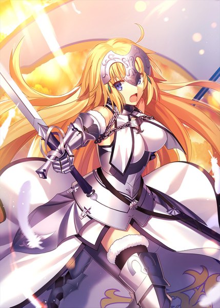 Anime picture 900x1257 with fate (series) fate/apocrypha jeanne d'arc (fate) (all) jeanne d'arc (fate) fuyuki (neigedhiver) single long hair tall image looking at viewer open mouth blue eyes blonde hair girl hair ornament weapon sword armor armored dress