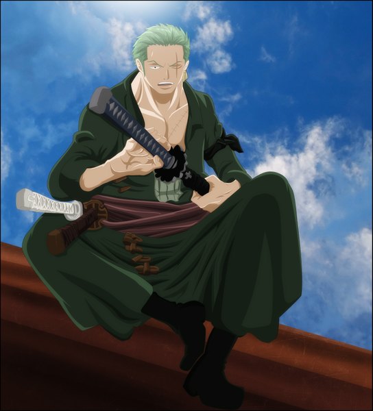 Anime picture 1669x1840 with one piece toei animation roronoa zoro kayamah tall image short hair open mouth sky cloud (clouds) japanese clothes green hair black eyes sunlight coloring scar boy weapon sword belt kimono