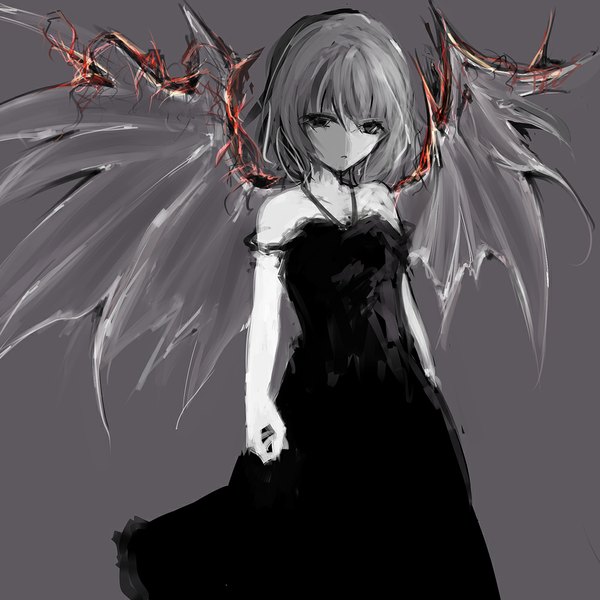 Anime picture 1000x1000 with touhou remilia scarlet mark (abenyugu) single looking at viewer short hair simple background bare shoulders grey hair grey eyes girl dress wings black dress