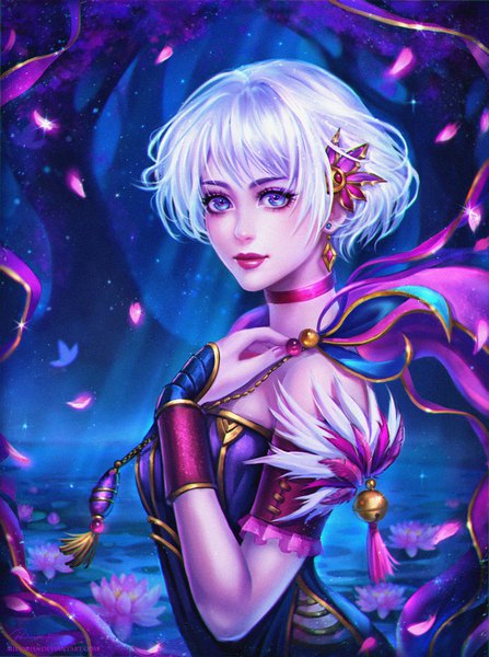 Anime picture 800x1073 with midorisa single tall image short hair blue eyes white hair wind night lipstick turning head light lake girl hair ornament flower (flowers) plant (plants) earrings petals tree (trees) forest