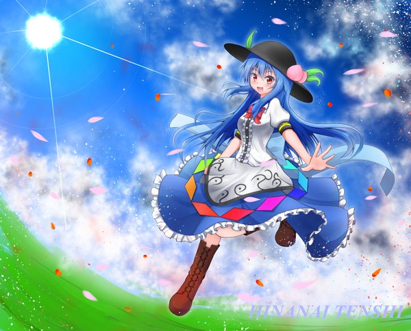 Anime picture 1500x1211 with touhou hinanawi tenshi ymd (holudoun) single long hair blush open mouth red eyes blue hair sky cloud (clouds) lens flare girl dress hat petals boots fruit sun peach