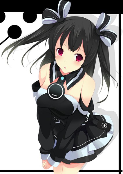 Anime picture 800x1131 with choujigen game neptune uni (choujigen game neptune) daiaru single long hair tall image looking at viewer open mouth black hair red eyes bare shoulders girl dress bow hair bow detached sleeves