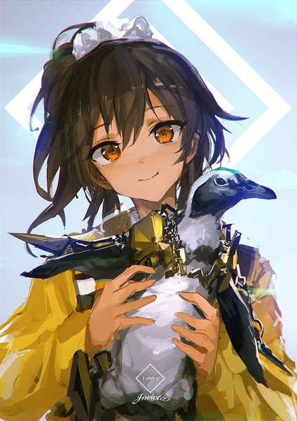 Anime picture 600x849 with original lm7 (op-center) long hair tall image blush smile brown hair holding brown eyes ponytail close-up mechanical girl animal bird (birds) scrunchie hair tie penguin
