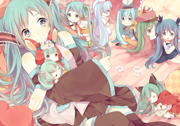 Anime picture 2000x1400 with project diva project diva 2nd vocaloid shinkai shoujo (vocaloid) senbonzakura (vocaloid) lol -lots of laugh- (vocaloid) yellow (vocaloid) everlasting night (vocaloid) koiiro byoutou (vocaloid) bad end night (vocaloid) doremifa rondo (vocaloid) hatsune miku chibi miku moocho long hair highres blue eyes smile twintails bare shoulders